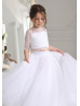 Two Piece White Lace Tulle Elbow Sleeve Flower Girl Dress